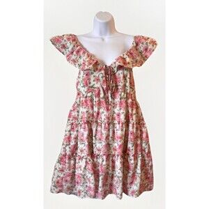 Just Me Dress Size Large Mini Floral Pink Lined Cottagecore‎ Flutter Sleeve